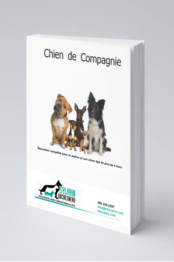 Document de cours Chien de Compagnie – couverture 3D avec cinq chiens de différentes races alignés, sur fond blanc, illustrant la diversité canine.