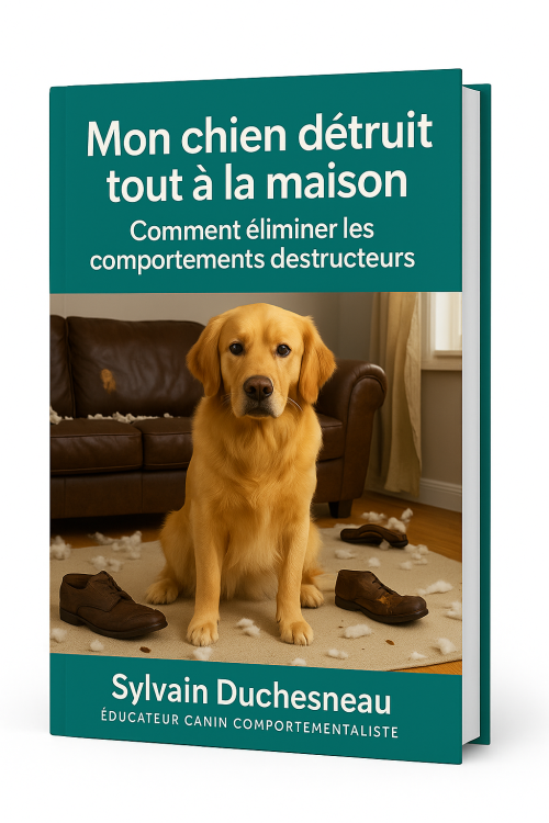Chien faisant de la destruction de mobilier. eBook Mon chien détruit tout à la maison. Par Sylvain Duchesneau