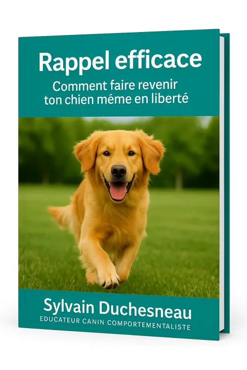 Image 3D du guide PDF "Le rappel efficace" de Sylvain Duchesneau, éducateur canin, avec une couverture illustrée d’un chien revenant au rappel en pleine nature.