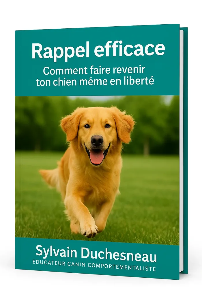 Image 3D du guide PDF "Le rappel efficace" de Sylvain Duchesneau, éducateur canin, avec une couverture illustrée d’un chien revenant au rappel en pleine nature.