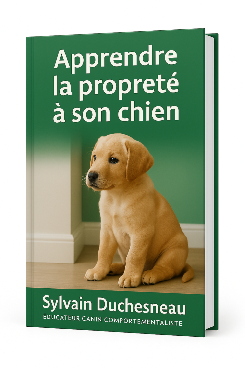 Chiot assis calmement sur un plancher, image de couverture de l’eBook “Apprendre la propreté à son chien” par Sylvain Duchesneau, éducateur canin à Terrebonne.
