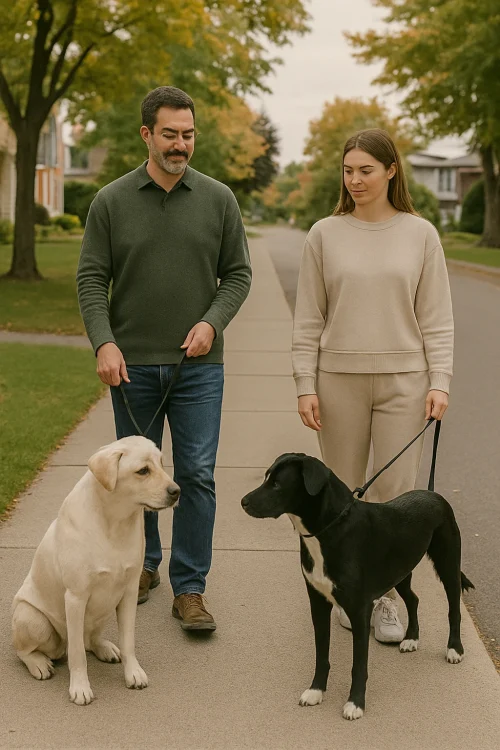 deux chiens qui se rencontrent calmement