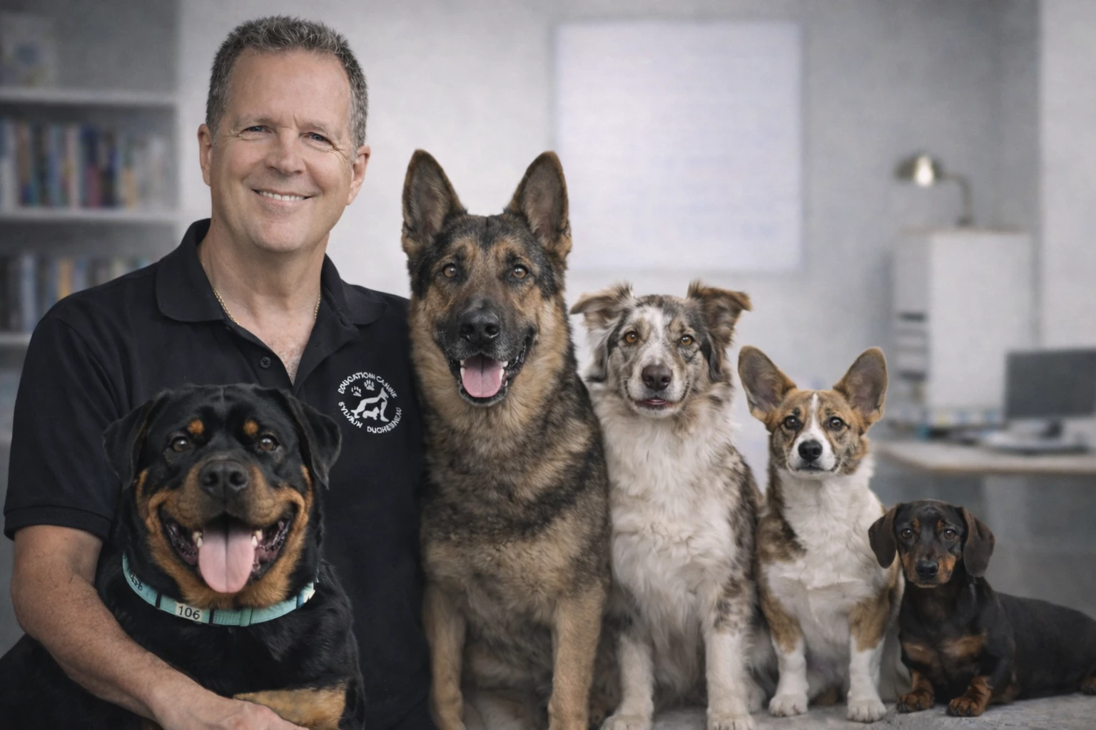 entête Sylvain et chiens Sylvain Duchesneau – éducateur en éducation canine, assis aux côtés d’un chien calme, illustrant une relation de confiance et de respect.